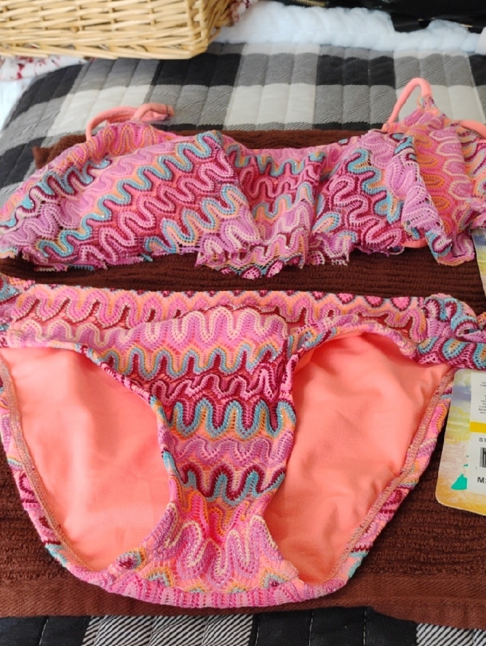 Hobie Pink Multicolor Wavy Crochet Bikini Set